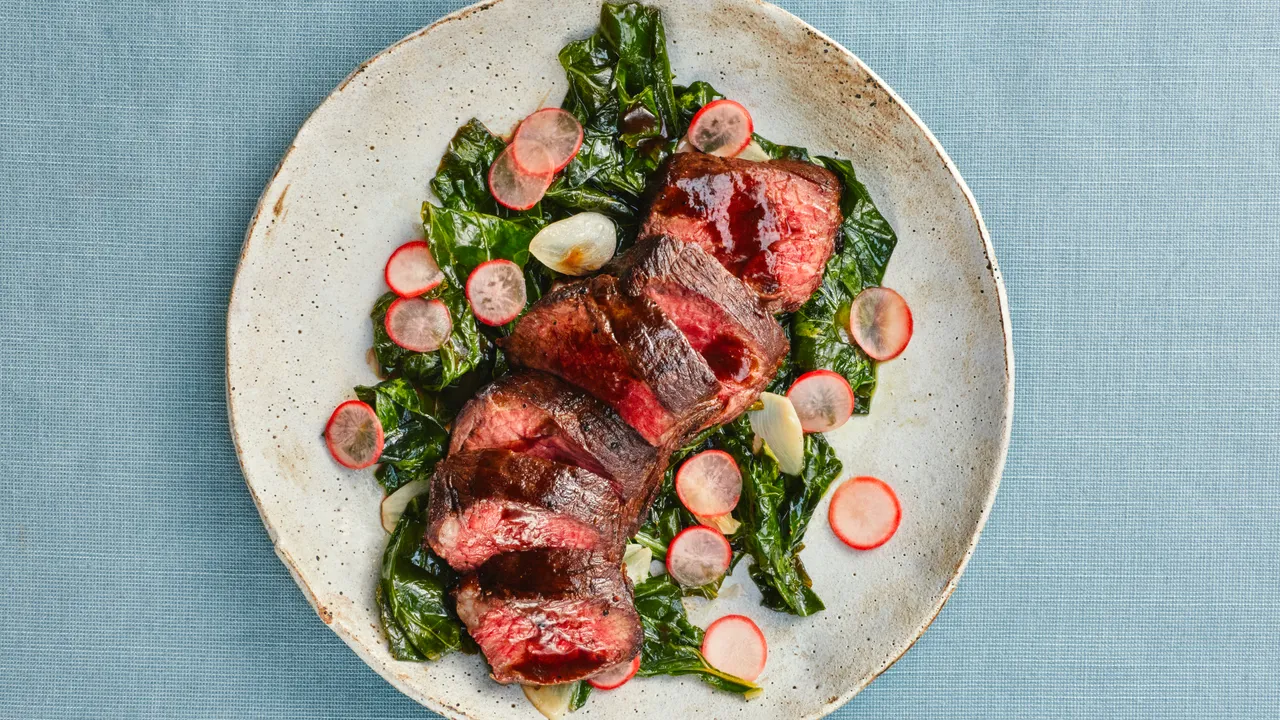 Steak aux légumes verts Dashi pour une personne